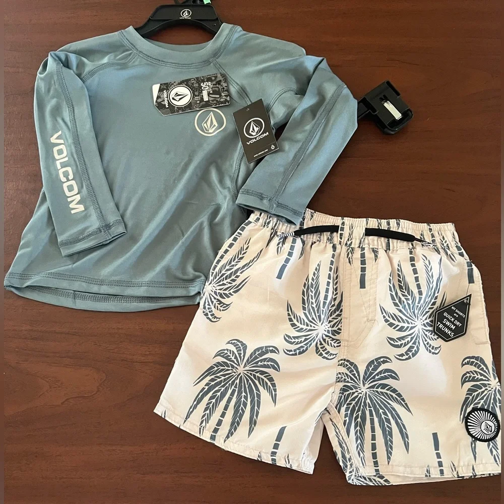 Volcom NWT Kids Teal Rash Guard with Cream Palm-Print Swim Shorts